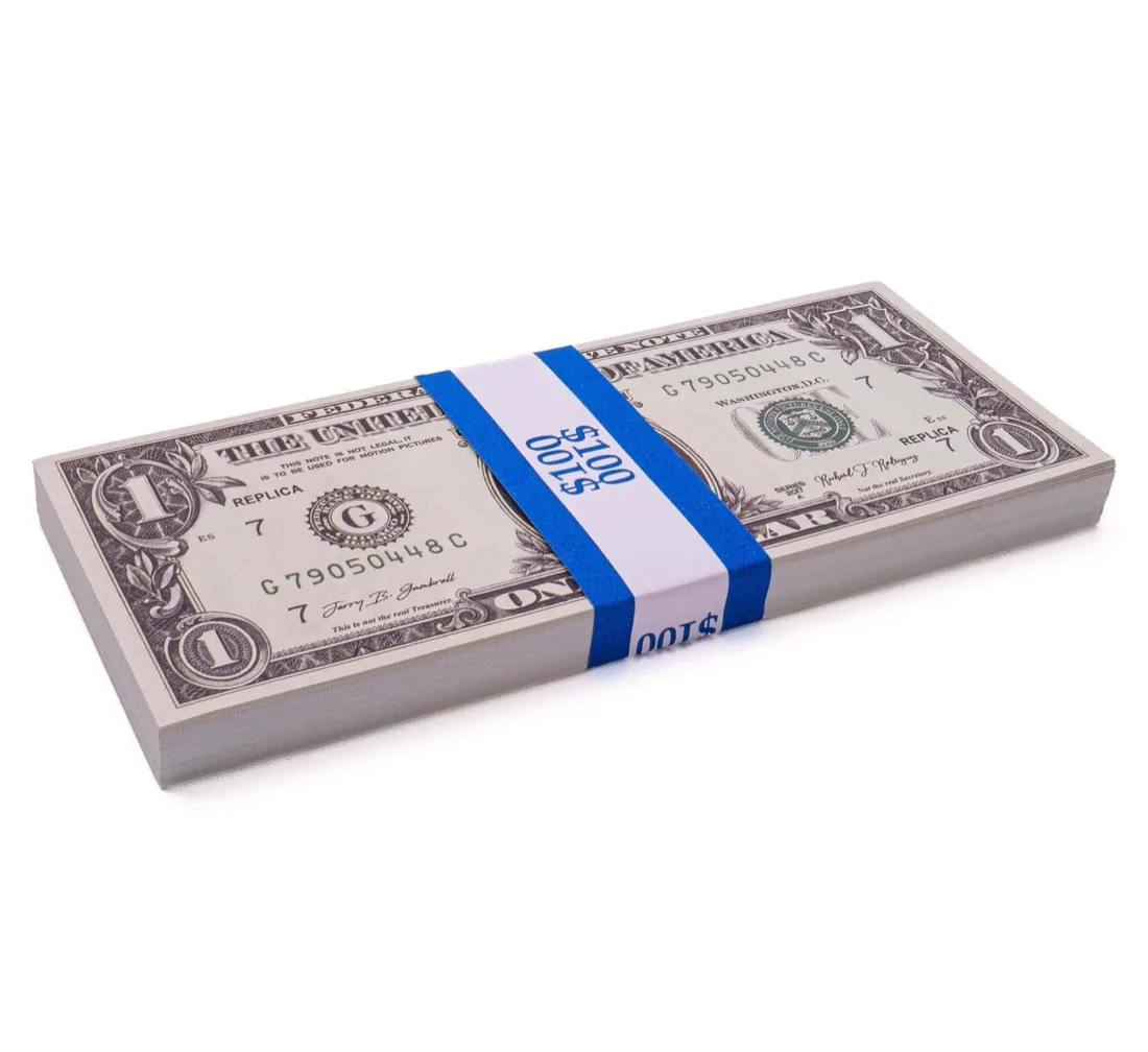 Replica $1 bundle close-up, blue $100 strap