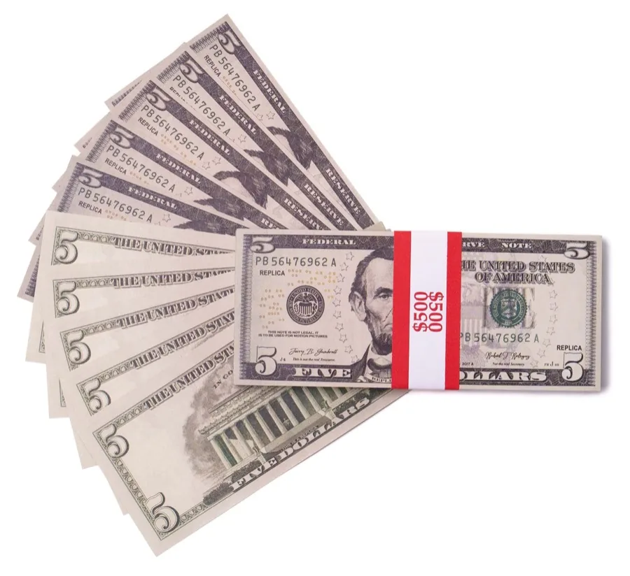 Replica $5 bundle fanned with banded stack