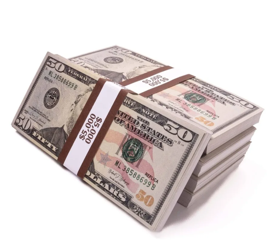 Close-up pile of replica $50 notes, hero grade