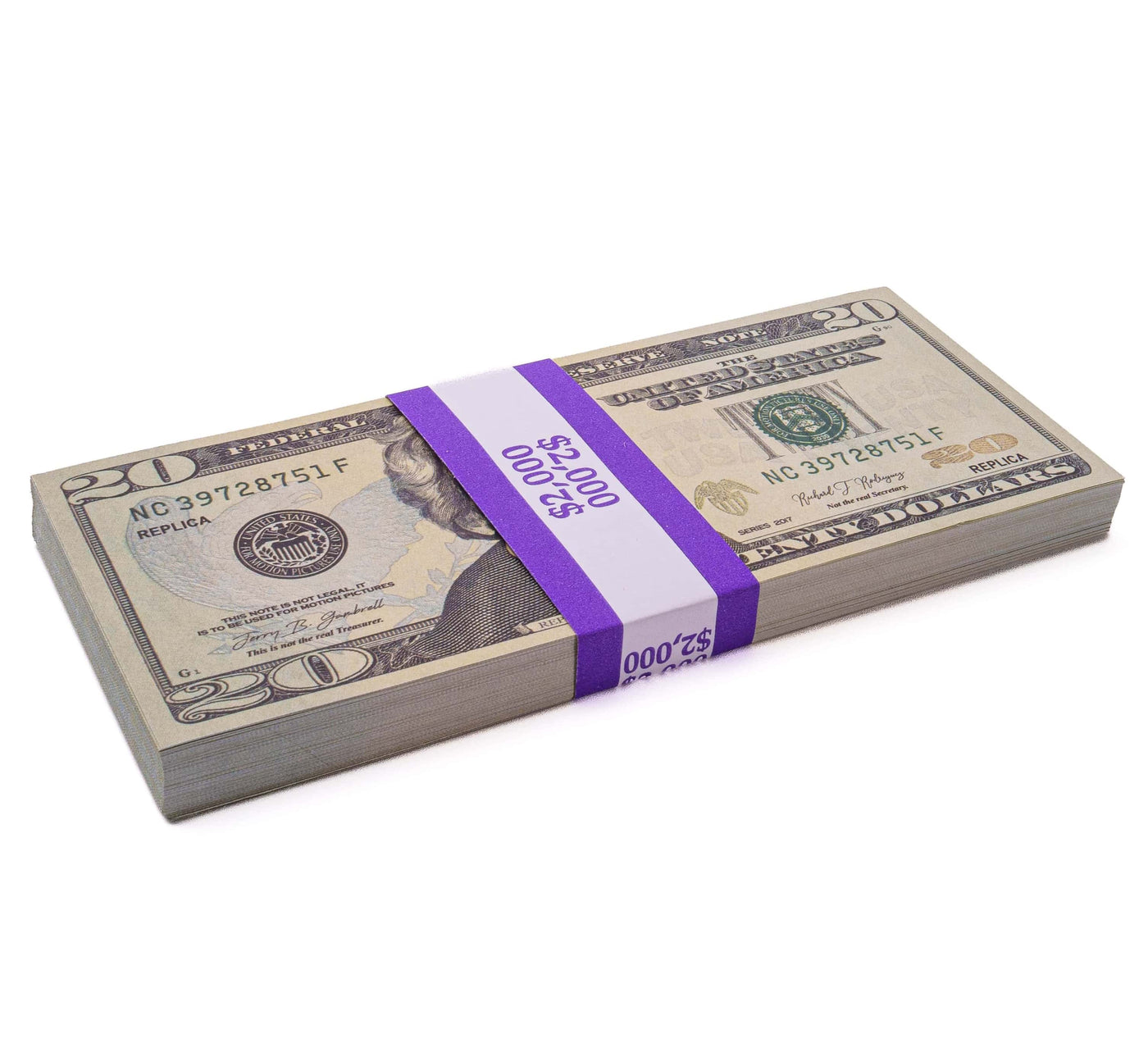Banded stack of replica $20 bills